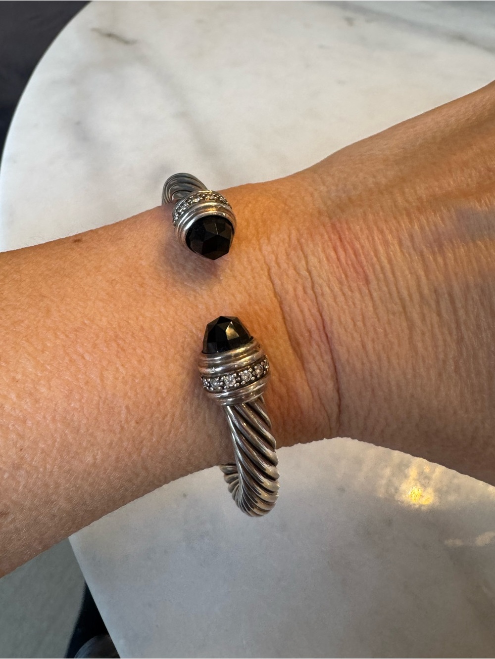 David Yurman Sterling Silver 7mm Cable Cuff Bracelet Black Onyx and Diamonds